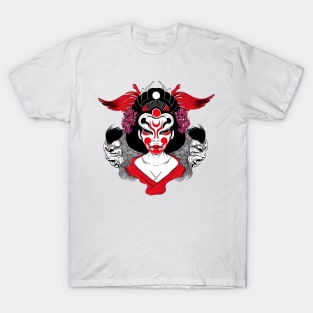 Japanese geisha with oni mask, tattoo style design T-Shirt